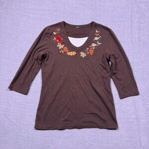 Women's Brown 3/4‎ Sleeve Cardinal Bird Leaf Embroidered Layered Look V-Neck Top